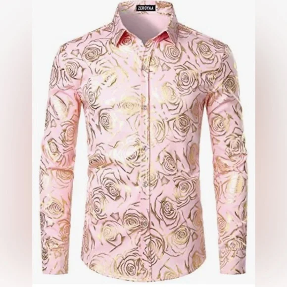 Zeroyaa Men’s Nightclub Slim Fit Pink/Gold Print XL Button Down Long Sleeve - Picture 1 of 11
